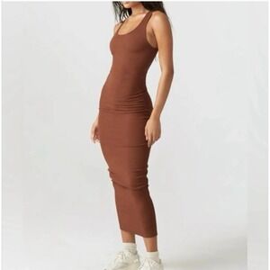 Joah Brown Bodycon Flexrib Dress Medium Large Brown Ribbed Maxi Minimalist Chic